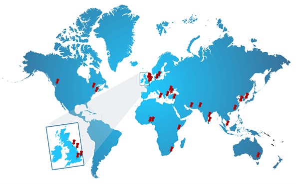 OPEN DAY - WORLD MAP UK - Sept 2018 with pins LT